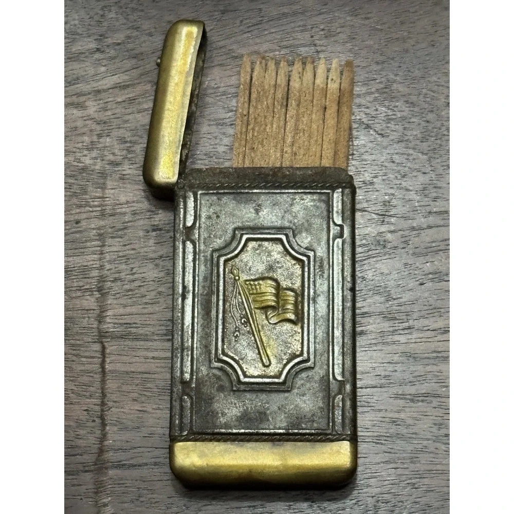 antique figural American Flag & lady silver plate metal vesta match  Box #3